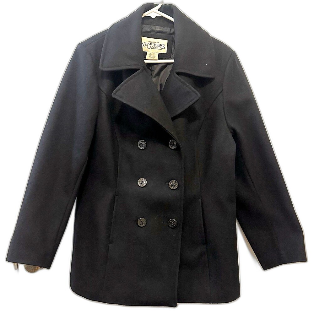 New York Classics Black Wool Pea Coat Women’s 12 Double Breasted
